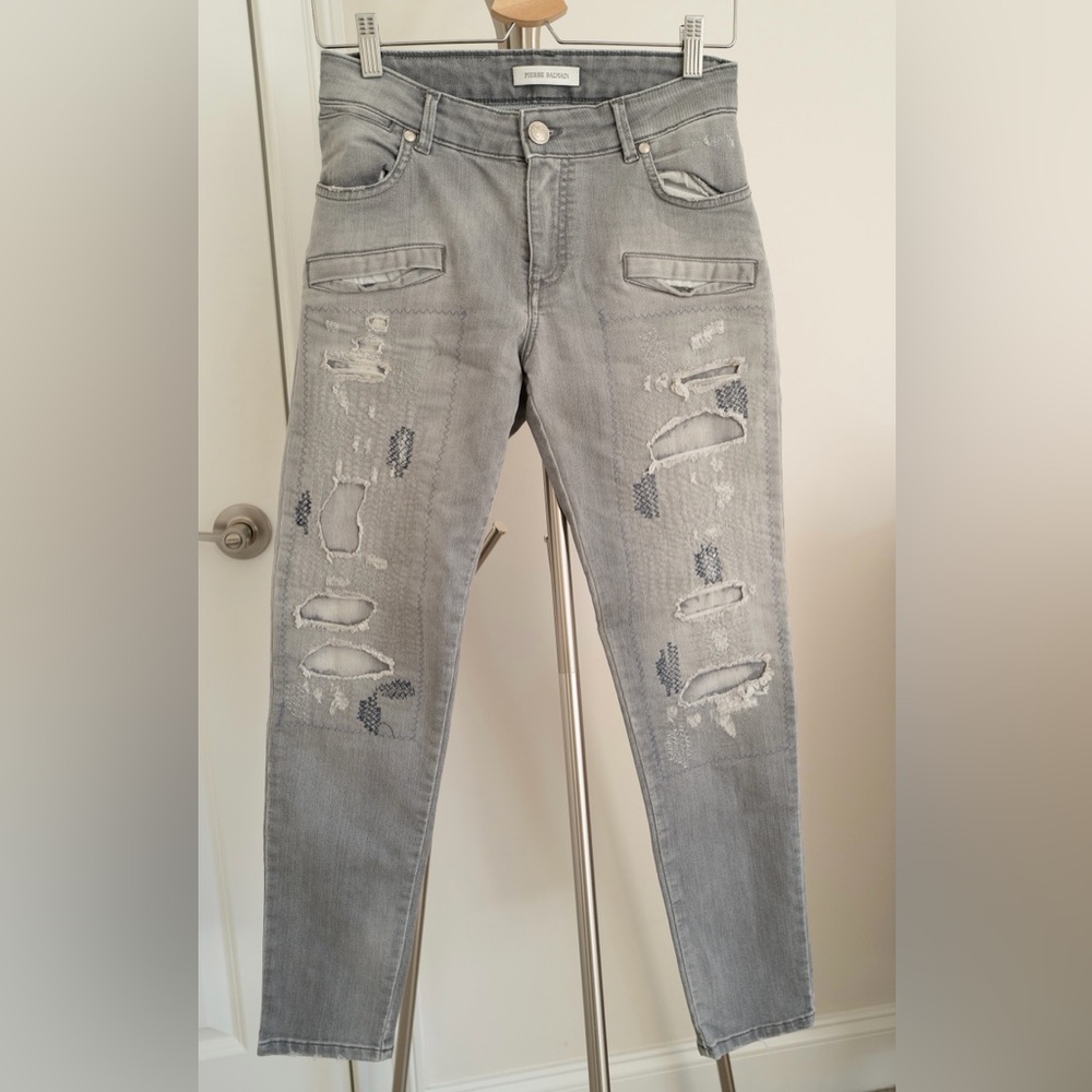 Pierre Balmain Distressed Moto Jeans Slim Fit Grey Size 26
